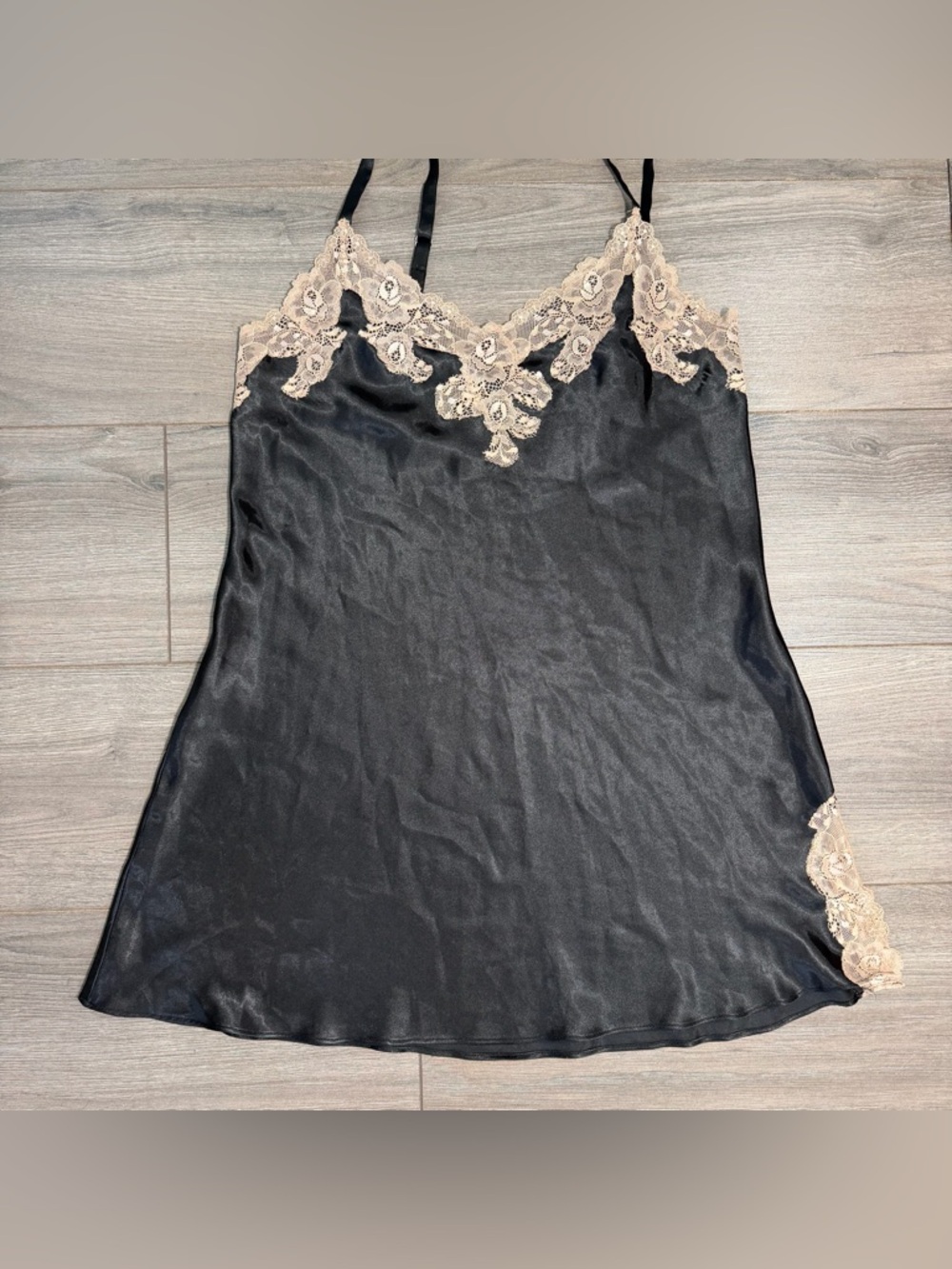 Y2K Vintage Black Satin Lace-Trim Slip Dress with Cream Lace Accents